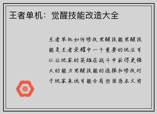王者单机：觉醒技能改造大全
