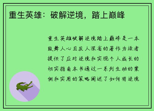 重生英雄：破解逆境，踏上巅峰